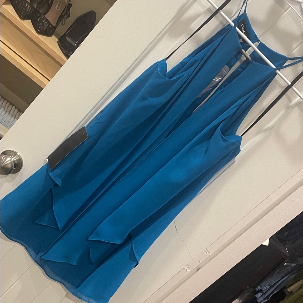 bebe Teal Strapless-Look Halter Dress